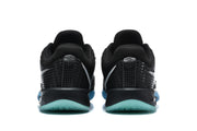 Rear view of the pair showing patterned black heel panels and translucent blue-green outsole sections