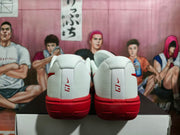 Rear view showing LeBron heel branding on the white and red shoes.
