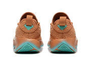 Rear view of warm orange and teal LeBron TR1 shoes