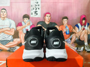 Rear view of black Nike sneakers with white midsoles and heel logos