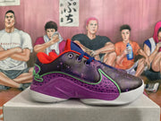 Side view showing the galaxy-print upper, purple patterned panels, green trim, and white outsole.
