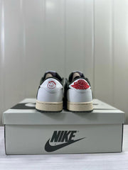 Rear view of the pair showing white heel panels and red heel emblems.