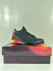 Single black Air Jordan 3 sneaker shown in side profile on the patterned shoebox.