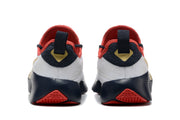 Rear view of the shoes showing navy heel panels and red lining