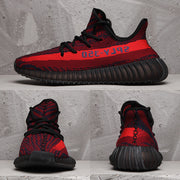 Composite image showing side, front, and rear views of the red and black knit sneaker.