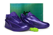 Pair of deep purple Nike KD 19 basketball shoes displayed with a shoe box.