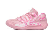 Side view of pink Nike KD basketball shoes with floral-patterned panels and a bright pink Swoosh.