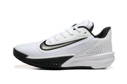 Side profile of a white Nike Precision 7 shoe with black outsole details