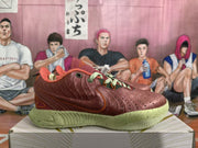 Side profile of one orange-red Nike sneaker with layered side detailing, perforations, and a pale green speckled sole.