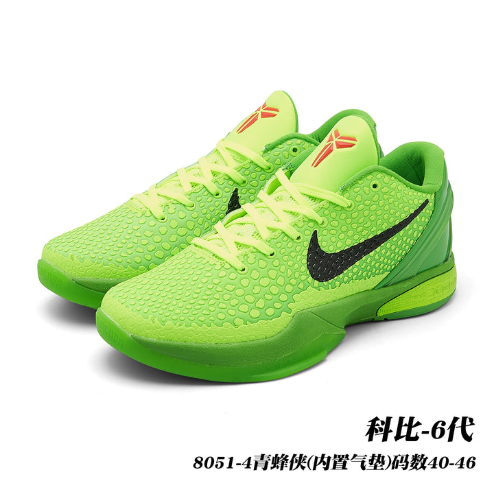 Green Nike Kobe 6 style basketball sneakers with a textured upper, black side logos, and green outsole; image text identifies style 8051-4 and sizes 40-46.