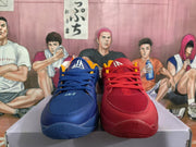 Front view of red and blue mismatched Nike basketball sneakers with lace-up uppers and contrasting yellow details.