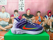 Side view of a purple Nike basketball shoe with a red-and-green Swoosh and light gray sole.