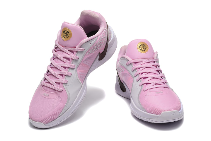 Pair of pink and pale lavender Sabrina 10 basketball shoes, viewed from the front.
