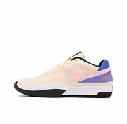 Side view of a cream-colored low-top basketball sneaker with a pink Swoosh, blue heel panel, and black outsole.