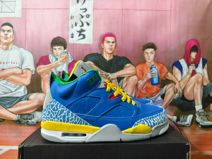 Blue and yellow Jordan 3 sneakers shown from the side