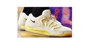 White and pale yellow Nike KD18 colorway shown in a product photograph; caption lists sizes 40-46.
