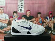 Side view of a white basketball sneaker with a dark purple Nike Swoosh, black side panel, and speckled midsole on a black box.