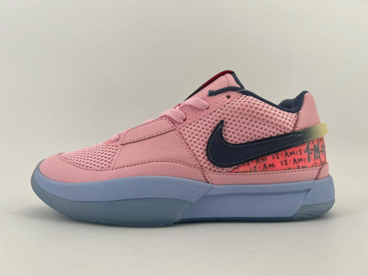 Pink Nike low-top sneaker with mesh upper, dark side Swoosh, printed heel panel, and blue-gray sole