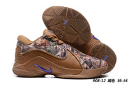 Brown Nike LeBron 22 sneakers with a camouflage-patterned upper, purple accents, and brown outsoles.