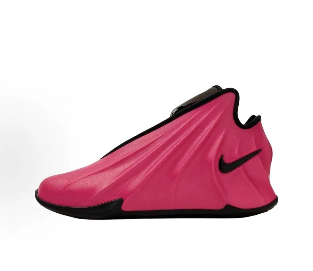 Side view of pink and black Nike slip-on style sneakers with sculpted panels and a black outsole