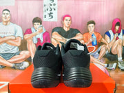 Rear view of black Nike basketball sneakers with textured mesh panels and ridged soles