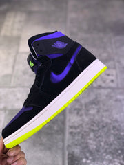 Close side view highlighting the purple Swoosh, black upper and winged ankle detail.