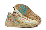 Side and outsole view showing the sculpted beige sole and turquoise outsole graphics.