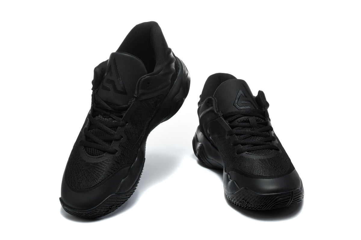 Pair of all-black Nike basketball shoes shown from the front