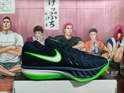 Side view of a black basketball shoe with a white and green Swoosh and bright green outsole.