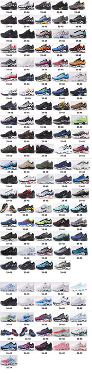 Long grid of Nike TN-style sneakers in varied colorways, mostly labeled 39–48, with smaller groups labeled 36–48 and other ranges.