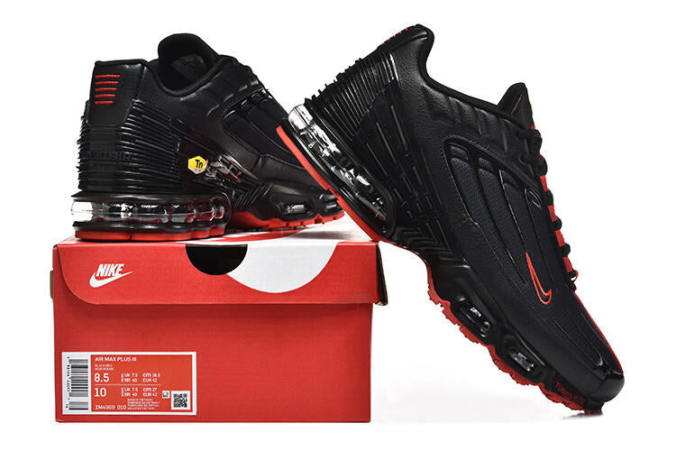 Black and red Nike Air Max Plus III sneakers displayed with a red shoe box; the box label shows a sample size.