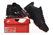 Black and red Nike Air Max Plus III sneakers displayed with a red shoe box; the box label shows a sample size.
