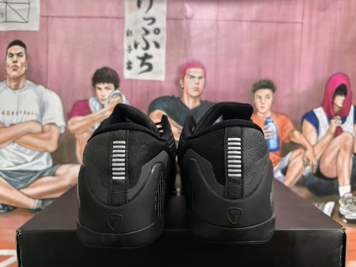 Rear view of black basketball sneakers showing textured heel panels, vertical heel details, and molded heel logos.