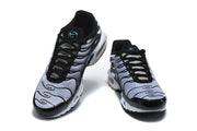 Front view of the Nike Air Max Plus pair showing black laces, wavy gray panels, and blue tongue details.
