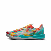 Multicolor Kobe 8 sneaker with red, teal, yellow and gray graphics.