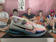 Side profile of one white and blue basketball sneaker showing the textured upper, black Swoosh, and contrasting outsole.