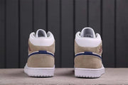 Rear view of the pair showing tan heel panels, dark blue trim, and padded collars.