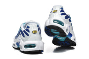 Rear and outsole views of Nike Air Max Plus sneakers in blue, teal, white, and black.