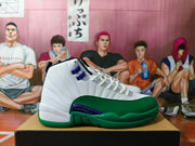 Side view of a white and green Jordan high-top sneaker with purple accents
