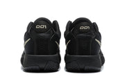 Rear view of the black sneakers showing padded collars, heel panels and outsole sections.
