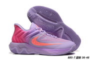 Purple and pink basketball sneakers with orange detailing, style code FQ3681-500.