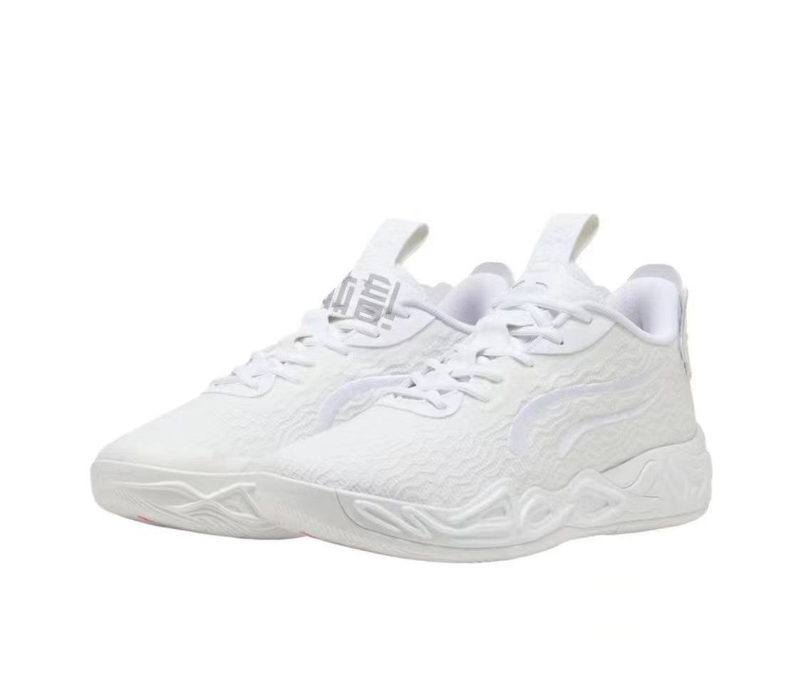 Pair of white Li-Ning 930-2 lace-up sneakers with heel and tongue pull tabs and sculpted soles