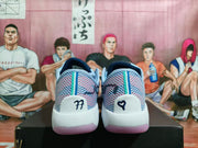Rear view of the Jordan sneakers showing mesh heel panels, vertical accent stripes and translucent purple outsoles.