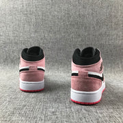 Rear view of the pair showing pink heel panels, black collars, white midsoles and pink outsoles.