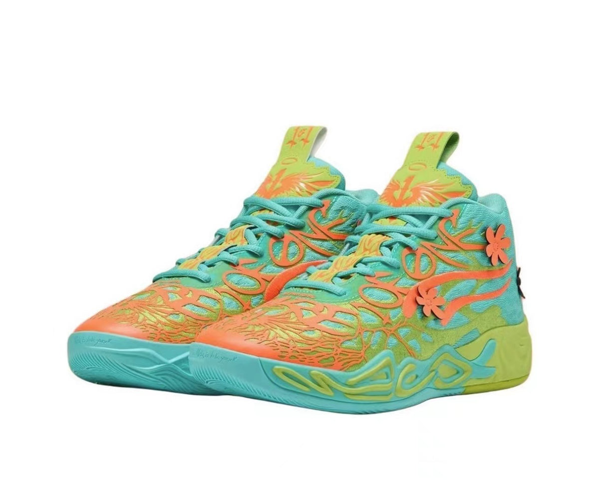 Pair of colorful high-top basketball sneakers in turquoise, orange, yellow, and lime with graphic upper details and sculpted rubber outsoles.