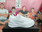 Side view showing the white Nike basketball sneaker, Swoosh, laces, textured upper, and patterned midsole.