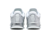 Rear view of the white and silver basketball shoes