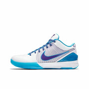 White Kobe 4 basketball sneaker with blue and purple accents and a bright blue outsole.