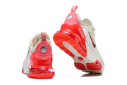Rear and outsole views of the red heel details on Nike Air Max 270 Premium sneakers
