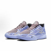 Lavender Nike basketball sneakers with a camouflage-patterned upper and black Swoosh.